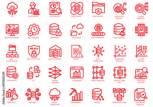 Data Driven icon set. Containing algorithm, big data, analysis, analytics, data mining, machine learning, ai, visualization, database, predictive, and more. Editable stroke. Vector Illustration