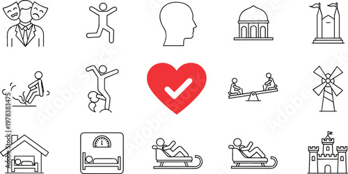Theater Masks, Jumping Person, Human Head, Dome Building, Monument, Falling Accident, Fitness, Heart Check, Seesaw, Windmill, Home, Bed and Castle Icon Set