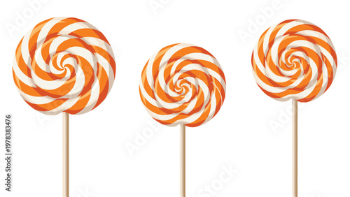 Three delicious round orange and white swirl lollipops on wooden sticks arranged against a plain white background.