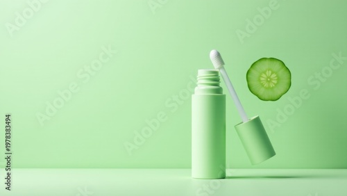 A bottle filled with liquid has a tube attached and a slice of cucumber placed next to it