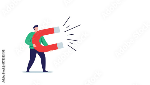 Flat illustration of a man wearing a green sweater and blue pants holding a large red and silver horseshoe magnet.