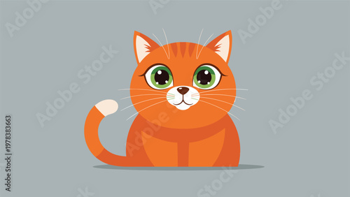 Adorable illustration of a ginger tabby cat with large green eyes sitting calmly and looking forward on a gray background.