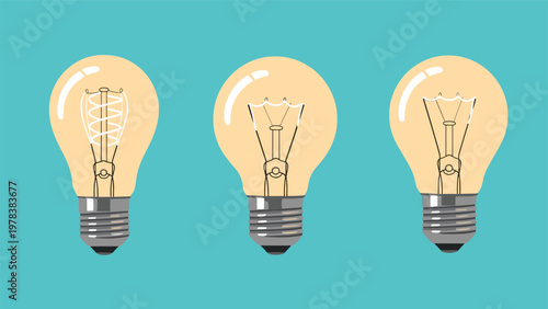 Trio of classic incandescent light bulbs with glowing yellow filaments arranged in a row against a solid teal backdrop.