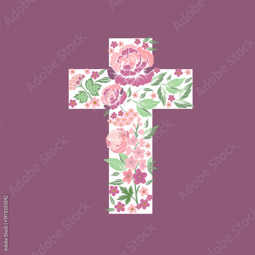 Religious cross made of pink peony flowers. Happy Easter Hand drawn. Not AI, vector illustration. He is risen Hand drawn. Not AI, vector illustration