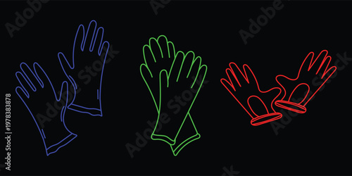 Neon gloves outline set on black background, colorful safety gloves line art collection, minimal glowing cleaning gloves icon design