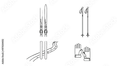 Essential Ski Gear: An illustrative depiction of key equipment including skis, poles, and gloves, indispensable for any alpine adventure. 