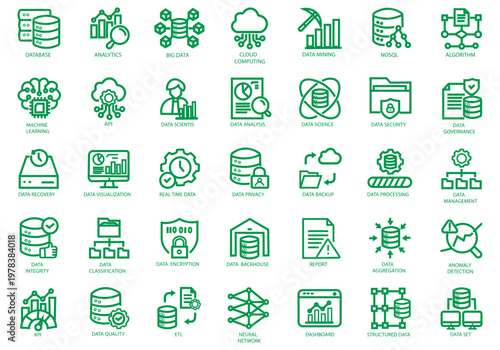 Data Driven icon set. Containing algorithm, big data, analysis, analytics, data mining, machine learning, ai, visualization, database, predictive, and more. Editable stroke. Vector Illustration