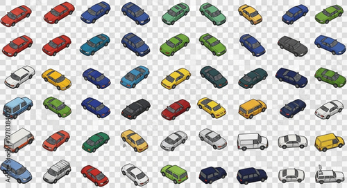 Collection of colorful isometric cars on transparent background.