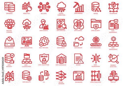 Data Driven icon set. Containing algorithm, big data, analysis, analytics, data mining, machine learning, ai, visualization, database, predictive, and more. Editable stroke. Vector Illustration
