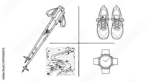Pathway to Activity: A visual journey featuring essential activity tools, a trail, a watch, and shoes, captured in a clean, artistic manner, inviting viewers to embark on a journey.