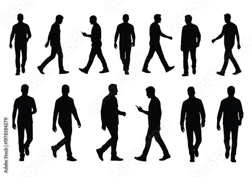 Collection of black silhouette men walking in various poses