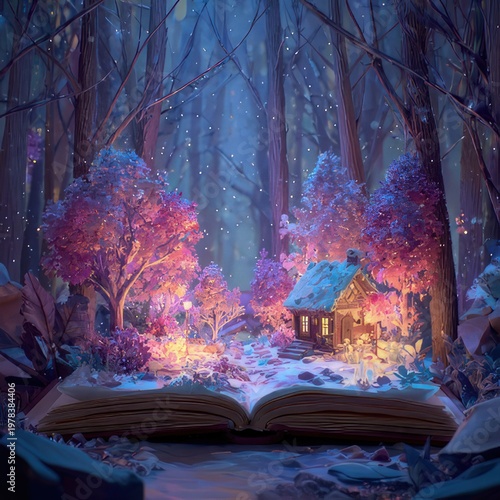 An open storybook reveals a magical  glowing winter forest scene with a small
