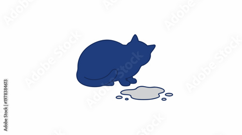 Blue cat silhouette with spilled liquid on a clean white background
