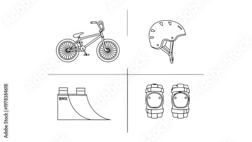 BMX Bicycle Gear Collection: A compilation of essential BMX riding equipment, including a stunt bike, protective helmet, ramp, and knee pads, presented as line art for design use.