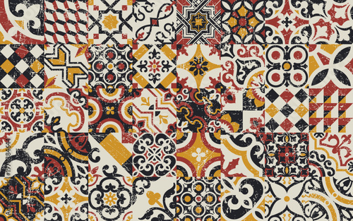 Encaustic cement hydraulic tiles patchwork wallpaper vintage vector seamless pattern for fabric cloth rug carpet pillow tablecloth grunge effect in separate layer