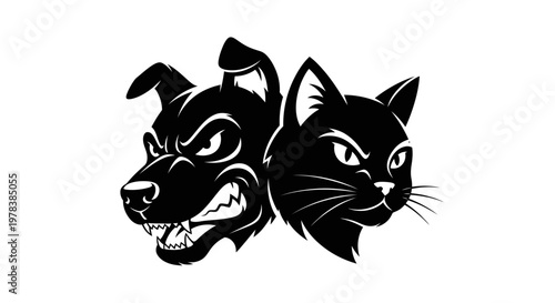 Aggressive Dog and Cat Heads Silhouette - Symbol of Conflict and Rivalry