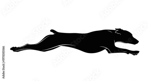 Silhouette of a dog running, black on white background, dynamic movement