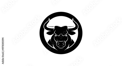 Aggressive Bull Head Silhouette in Circle Logo - Power and Strength Symbol