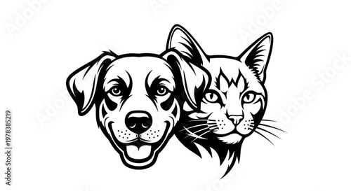 Dog and Cat Faces Together, Best Friends, Pet Companionship, Veterinary Clinic Logo