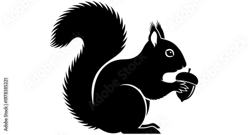 Black silhouette of a squirrel holding an acorn, isolated on white background