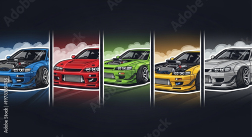 Collection of Five Tuned Sports Cars in Different Colors.
