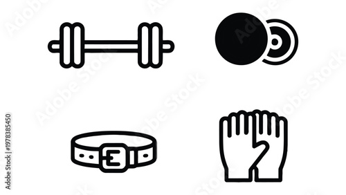 Fitness Essentials: Streamlined icons of fitness tools, including dumbbell, weight, weight belt, and gloves, representing the essence of a dedicated fitness routine.