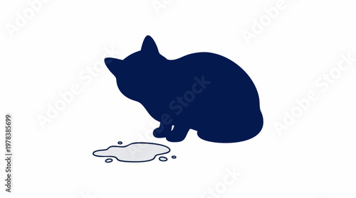 Blue cat silhouette sitting by a small puddle of spilled milk