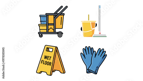 Cleaning Supplies Icon Set: A neatly arranged collection of cleaning essentials, featuring a cart with buckets, a mop and bucket, a wet floor sign, and rubber gloves.