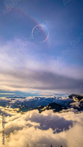 A dreamy space illustration of a solar eclipse with soft lighting and a glowing sky gradient