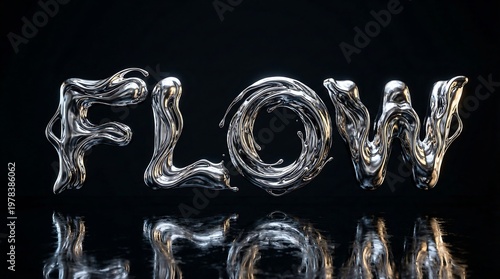 Fluid Typography: Flow  a mesmerizing visual of the word flow artfully rendered in a dynamic, liquid-like form, creating a sense of movement and seamless continuity against a sleek, dark backdrop.