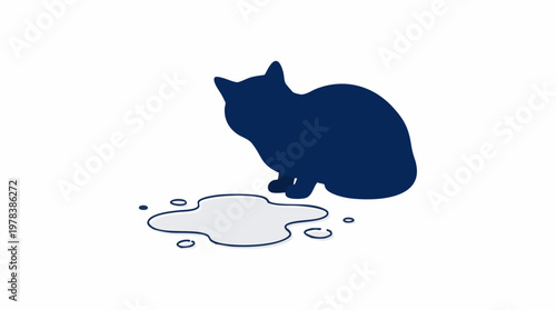 Dark blue cat silhouette looking down at a light grey liquid puddle illustration