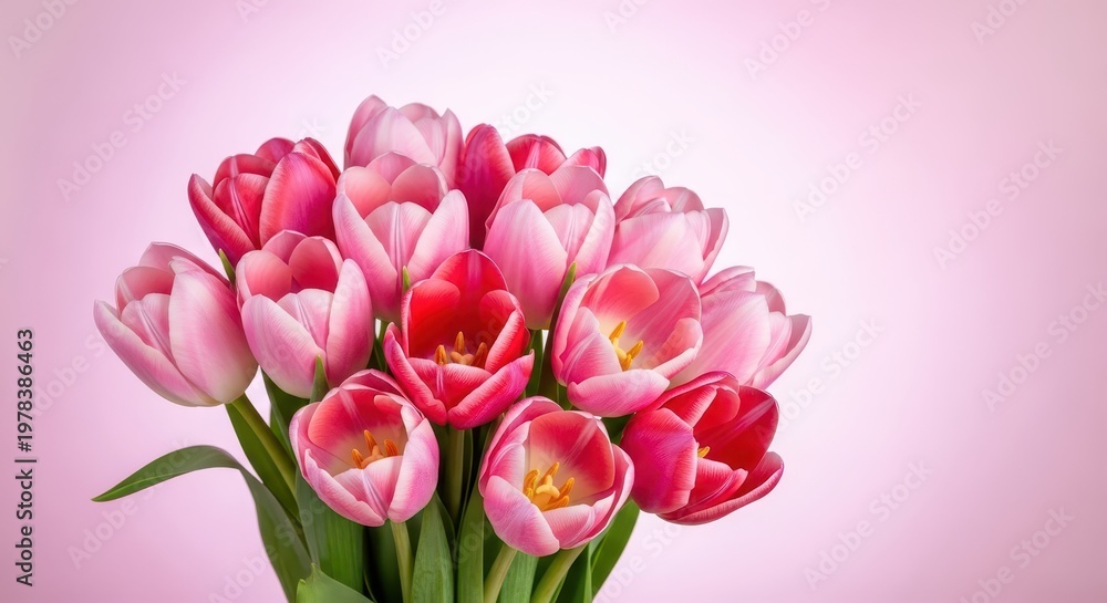Fototapeta premium Soft pink tulips bouquet in clear vase against blurred pastel background flowers
