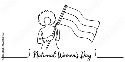 A single continuous line drawing of a woman holding a large flag for national women's day event Vector, illustration