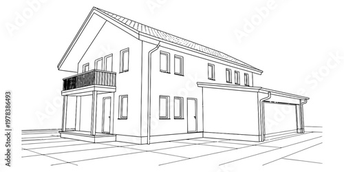 A detailed architectural line drawing showing the exterior view of a modern two story family house Vector, illustration
