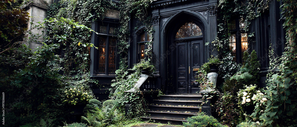 Fototapeta premium Dark gothic castle facade covered with ivy and greenery in a mysterious forest setting. Atmospheric historic architecture concept for fantasy storytelling, tourism