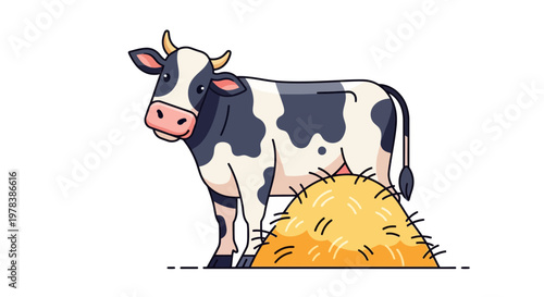Spotted Dairy Cow Standing Beside A Large Pile Of Golden Harvest Hay In A Rural Farmland Setting For Agriculture And Organic Livestock Concepts