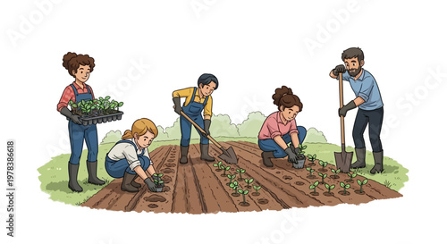 Diverse group of people planting seedlings in a community garden, teamwork and sustainability