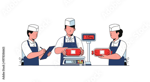 Butchers working in a food production facility measuring packaged meat products on digital scales for inventory tracking and quality control