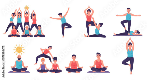 Diverse group of people practicing yoga poses together, promoting wellness and community