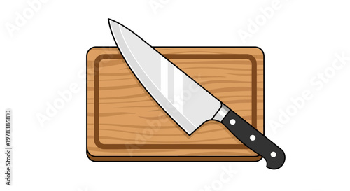 Professional steel chef kitchen knife placed diagonally on a rectangular wooden chopping board for culinary preparation and meal food processing