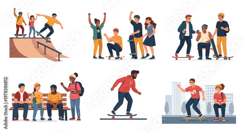 Diverse group of young people enjoying skateboarding in urban settings, park, and skatepark