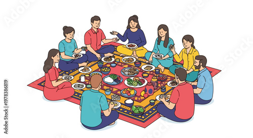 Diverse group of people sitting on floor rug and sharing a festive meal together during a traditional communal dinner celebration in a home setting