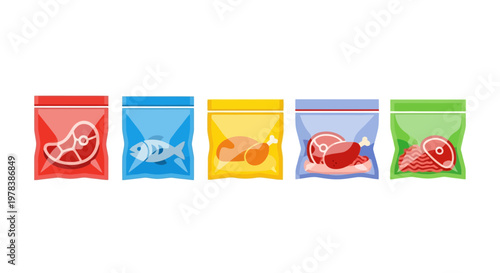 Set of colorful plastic food storage bags containing various types of fresh raw meat poultry and seafood for kitchen organization and meal prep