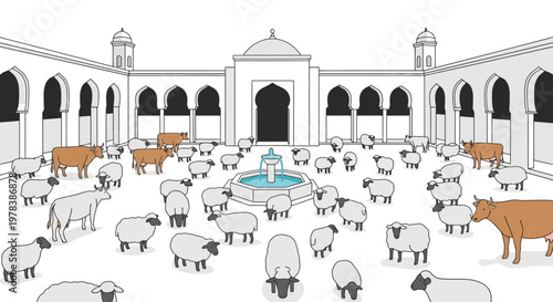 Herd of sheep and cows grazing in the courtyard of a traditional middle eastern mosque building with an ornamental fountain in the center area