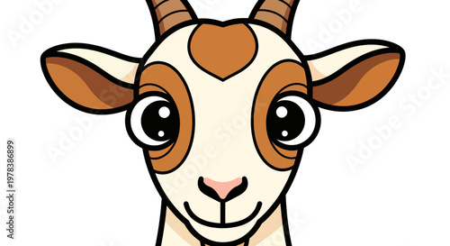Cute Cartoon Goat Head Character With Large Expressive Eyes And Brown Markings Facing Forward Isolated On A Solid White Background For Design Use