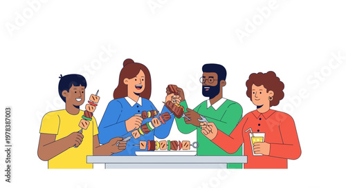 Diverse group of people enjoying snacks and drinks together at a table in a modern flat color minimalist vector style