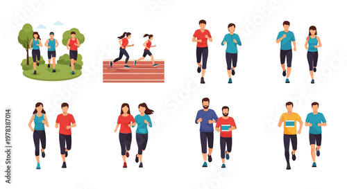 Diverse groups of people running and jogging outdoors and on track, healthy lifestyle