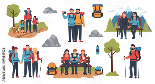 Diverse hikers enjoying outdoor adventures, hiking, trekking, and camping in nature.