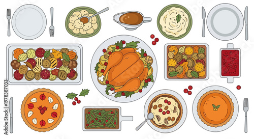 Traditional Thanksgiving dinner table with roasted turkey, mashed potatoes, stuffing, pumpkin pie, and various side dishes, served on a festive holiday table with a white background, in a co