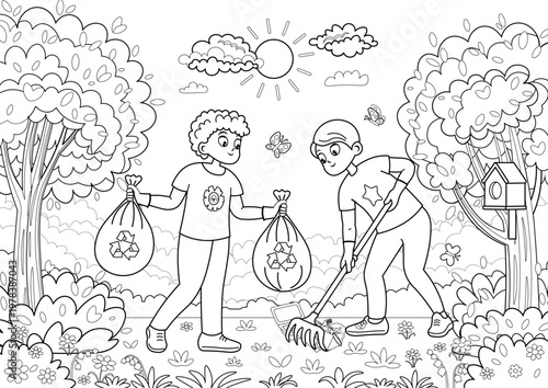 Coloring page with kids cleaning environment, boy carrying trash bags and raking garbage, eco activity outline illustration